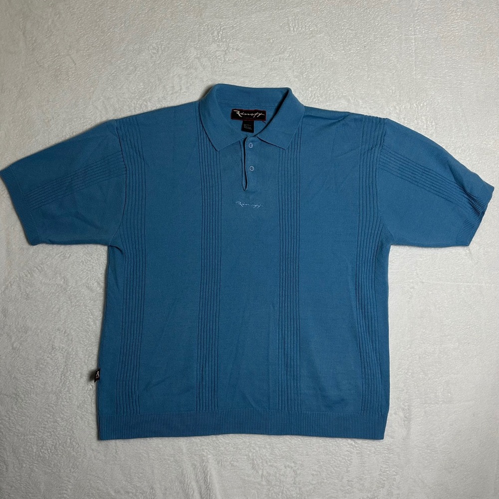 Vintage Mens Large Blue Textured Knit Polo Shirt Short Sleeve Acrylic Casual